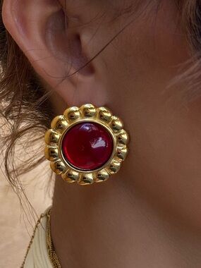 Vintage Earrings with Red Cabochon Center Retro Style